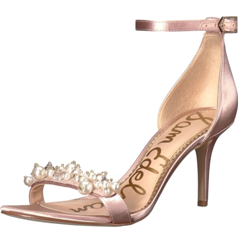 SAM EDELMAN Platt Pink Satin Pearl Embellished Open Toe Heeled Sandals SIZE: 8½M